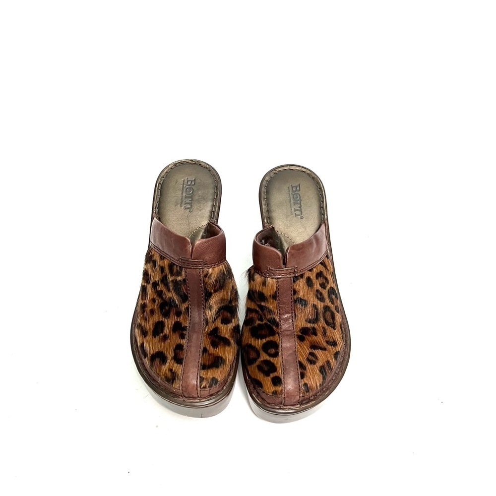 Vintage 1990s brown leather leopard print pony hair platform wedge mule clogs - Picture 3 of 8
